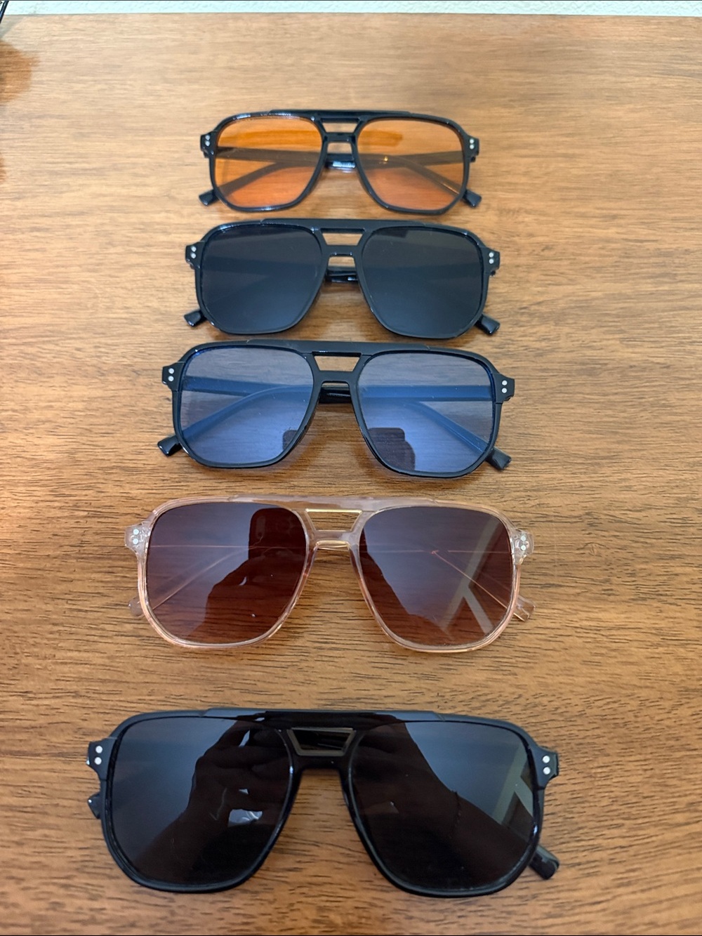 Set of 5 Aviator-Style Sunglasses in Black, Blue, Amber, Clear & Brown